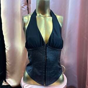 Vintage Allure Leather Black Zip-Up Halter Corset Biker Top